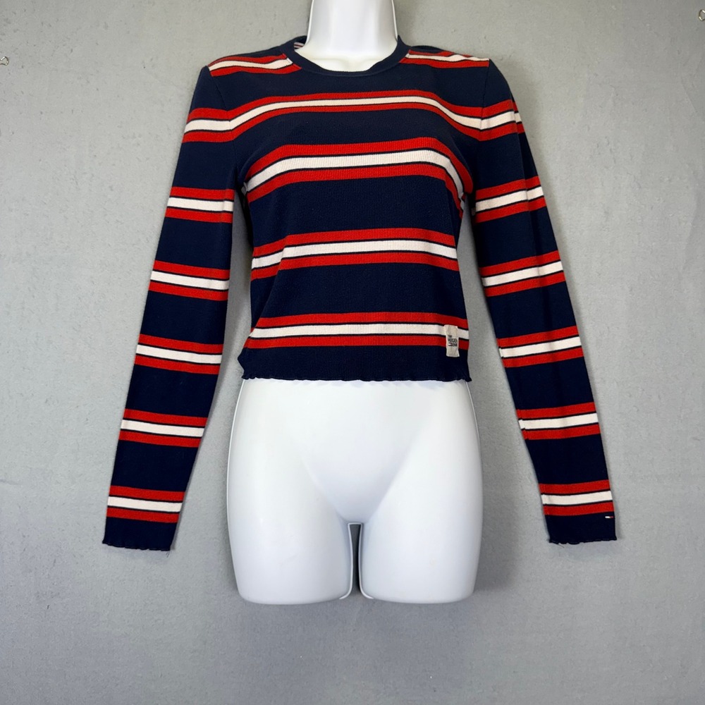 Americana red white blue Ribbed Long Sleeve Top S Y2K‎ Indie Sleaze BabyTee - Picture 1 of 6